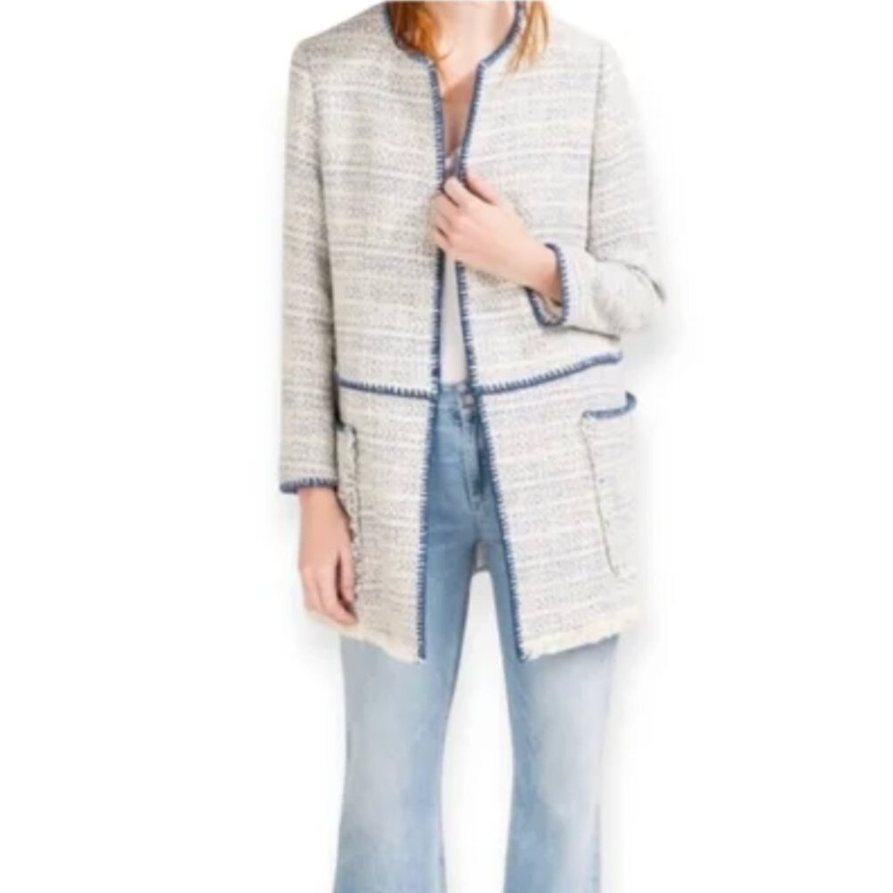 Zara Basic Outerwear Blue & White Tweed Open Front with Frayed Edges Jacket
